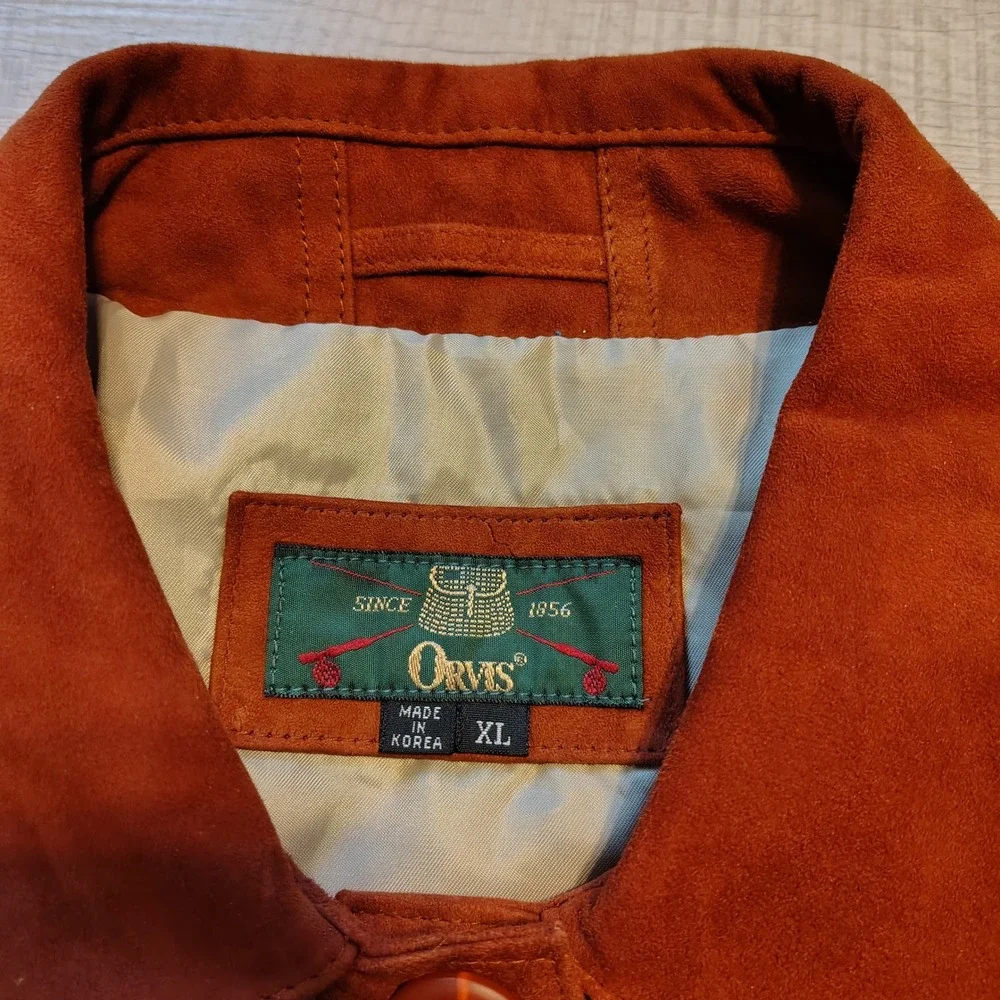 Orvis Womens XL Burnt Orange Suede Leather Jacket Button Front Coat Brown VTG 90